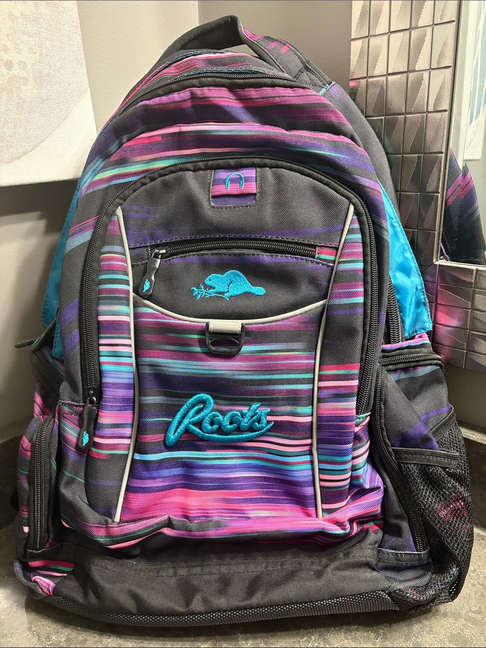 Roots Multicolor Striped Backpack with Teal Logo